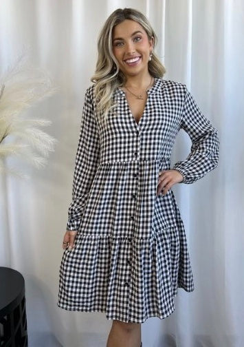 Grace & Co Gingham Button Tiered Dress